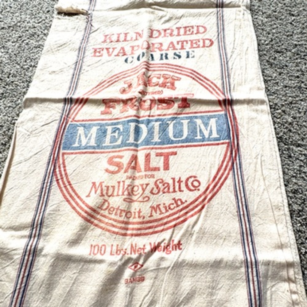 Jack Frost Table Salt Linen Sack 100 lbs. , Mulkey Salt Co. Vtg